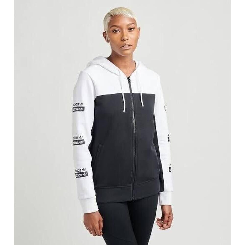 Adidas Jacket Womens Medium White Black Trefoil Logo‎ Full Zip Track Hoodie